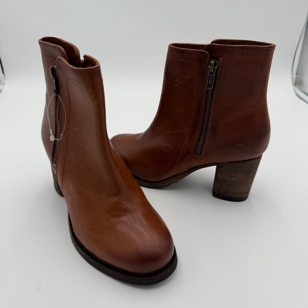 Frye Addie Double Zip Leather‎ Block Heel Ankle Boots Booties Cognac 6.5 NWOT